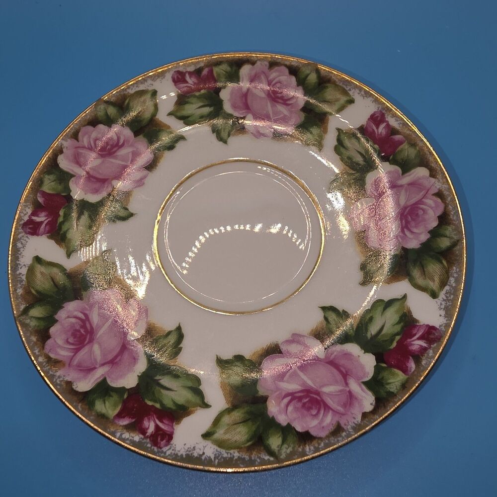 Jada China Floral Pink Rose Saucer, Gold Trim Round Decorated Glossy Printed